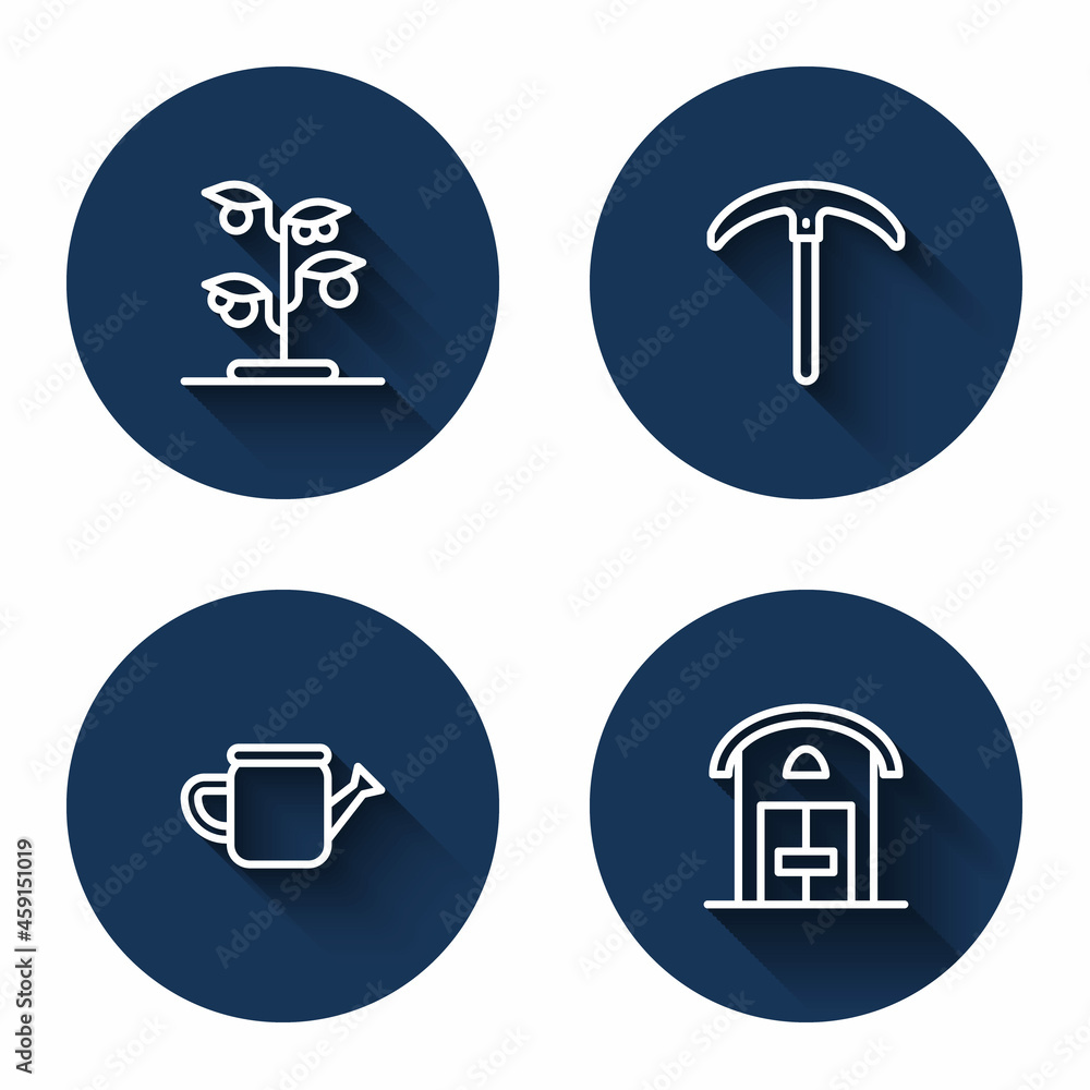 Set line Sprout, Pickaxe, Watering can and Farm house with long shadow. Blue circle button. Vector Set line Sprout, Pickaxe, Watering can and Farm house with long shadow. Blue circle button. Vector
