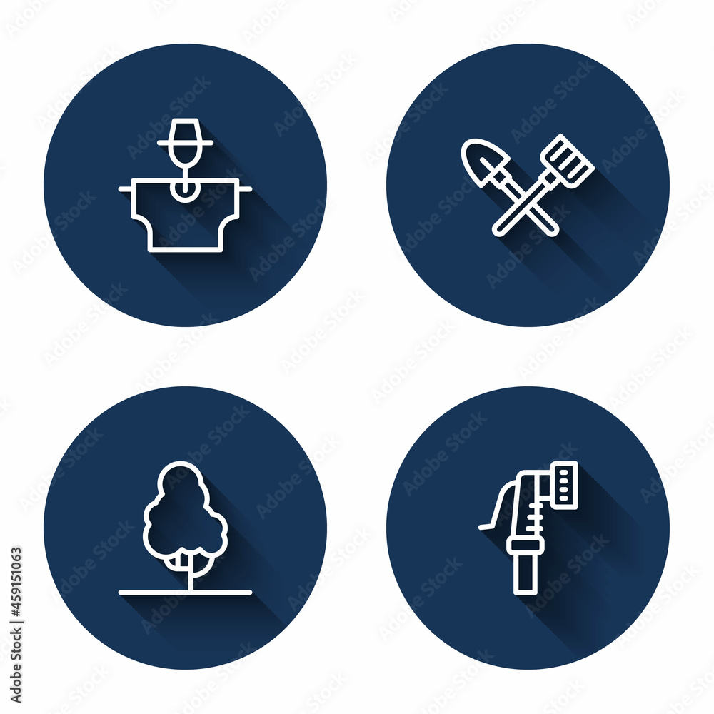 Set line Scarecrow, Shovel and rake, Fruit tree and Garden hose with long shadow. Blue circle button. Vector Set line Scarecrow, Shovel and rake, Fruit tree and Garden hose with long shadow. Blue circle button. Vector