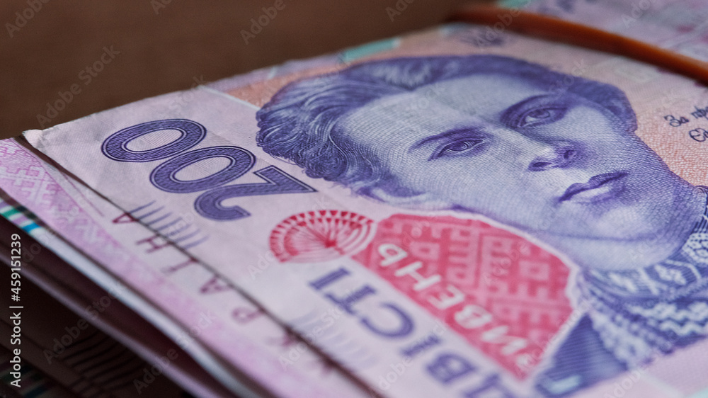 Obraz premium Portrait of Lesya Ukrainka in 200 hryvnia banknotes. Ukrainian paper bank notes, close-up.