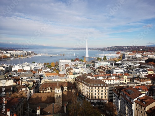 Aerial views of Geneva city and Leman lake