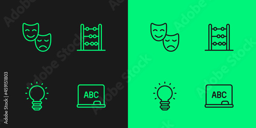 Set line Chalkboard, Creative lamp light idea, Comedy and tragedy masks and Abacus icon. Vector