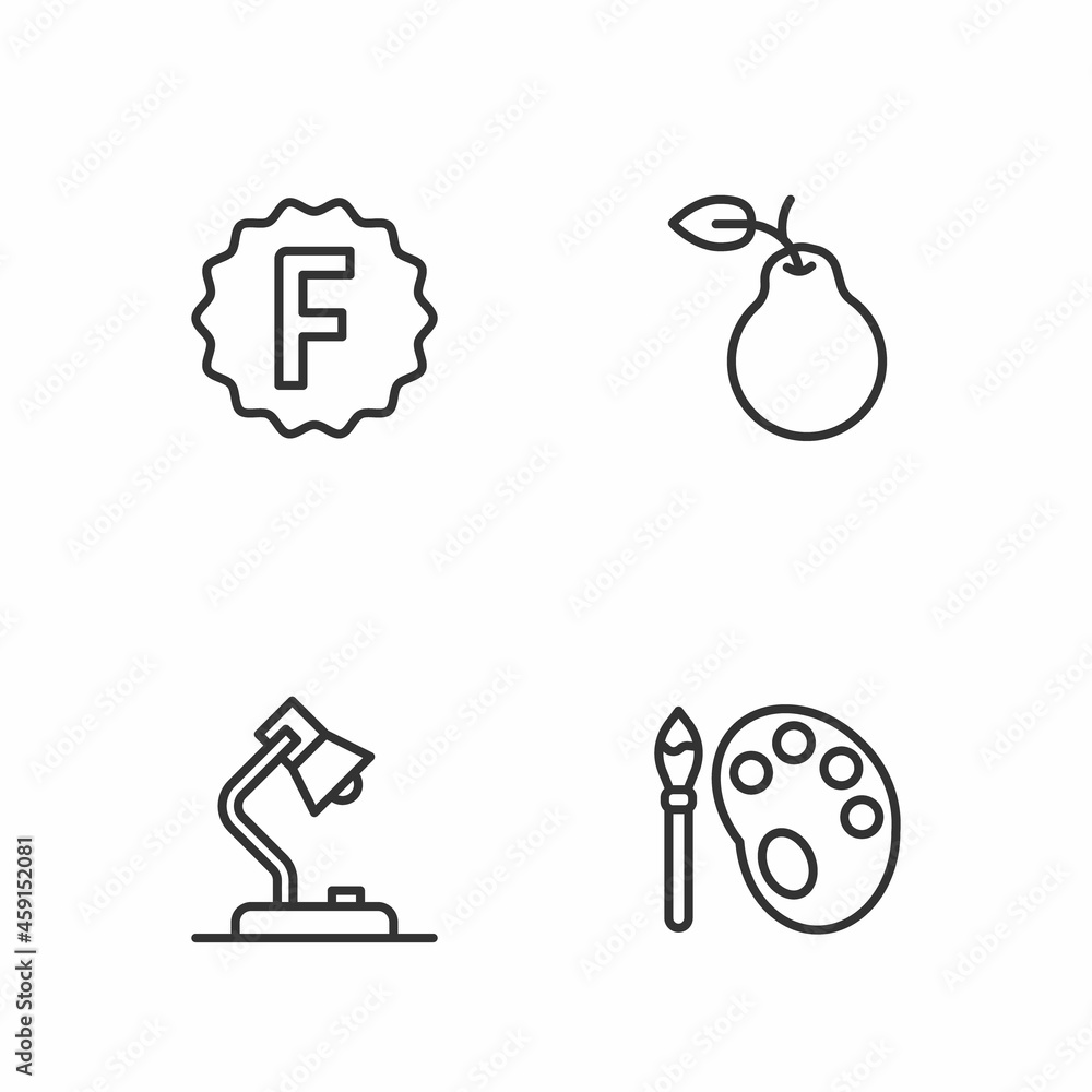 Set line Paint brush with palette, Table lamp, Exam paper incorrect answers and Pear icon. Vector Set line Paint brush with palette, Table lamp, Exam paper incorrect answers and Pear icon. Vector