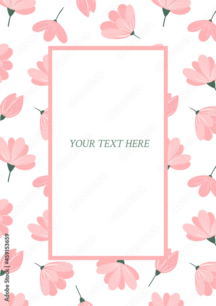 Cute pink flowers postcard, greeting, card, invitation, frame, border. Botanical blank, template for copy space. Cute pink flowers postcard, greeting, card, invitation, frame, border. Botanical blank, template for copy space.