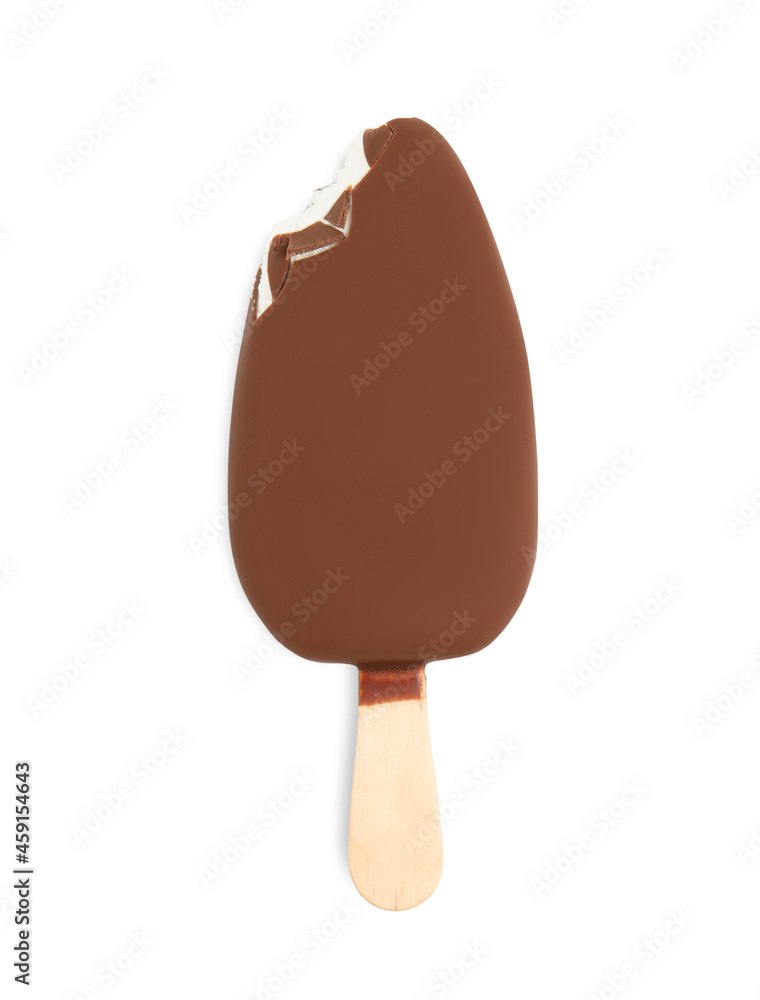 Bitten ice cream glazed in chocolate on white background, top view Bitten ice cream glazed in chocolate on white background, top view