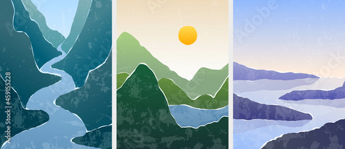 Vector illustration. Minimalist landscape. Contemporary background collection. Mid century wall decor. Design elements for poster, postcard,  book cover, magazine, business or gift card. Vibrant color