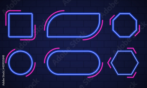 Set of Shiny Neon Frames on Dark Brick Wall Background. Mockup of Neon Blue and Pink Lamp on Wall for Party  Cafe  Club. Frame with Neon Led Border Different Shape. Isolated Vector Illustration