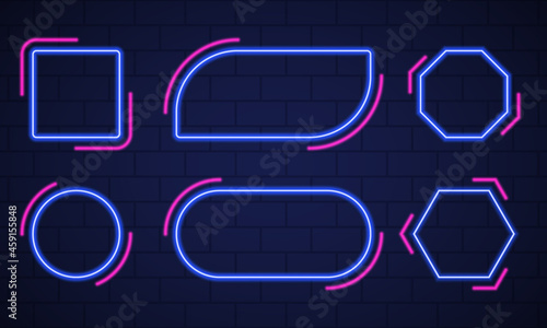 Set of Shiny Neon Frames on Dark Brick Wall Background. Mockup of Neon Blue and Pink Lamp on Wall for Party, Cafe, Club. Frame with Neon Led Border Different Shape. Isolated Vector Illustration