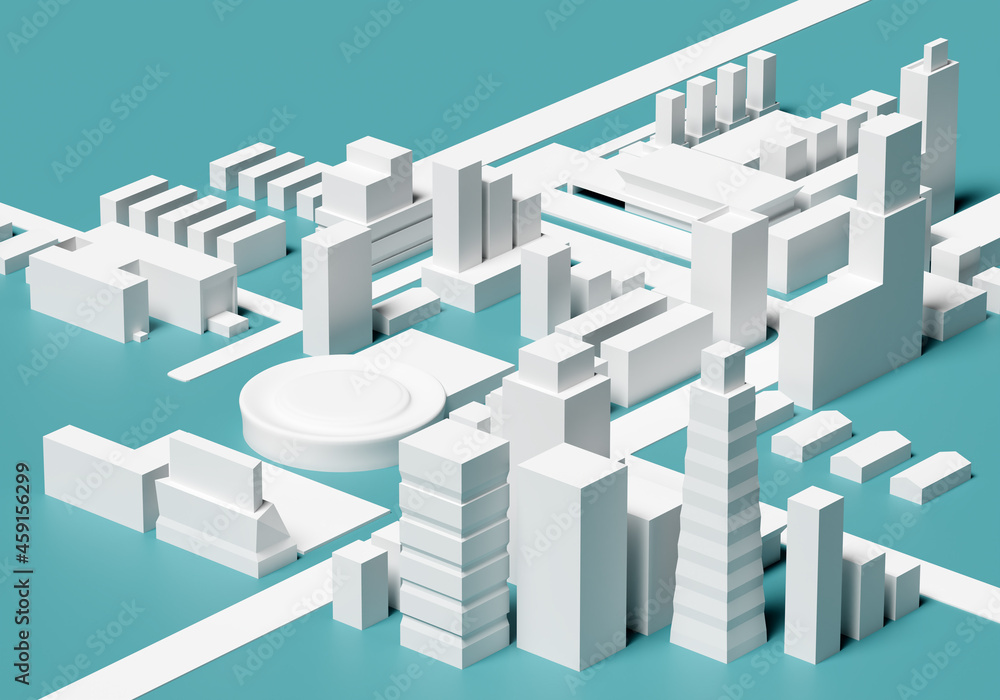 architectural plan of city 3d. Downtown map is white. Concept - urban planning. Architectural plan on turquoise background. Architectural planning background. 3D map of downtown. 3d image architectural plan of city 3d. Downtown map is white. Concept - urban planning. Architectural plan on turquoise background. Architectural planning background. 3D map of downtown. 3d image