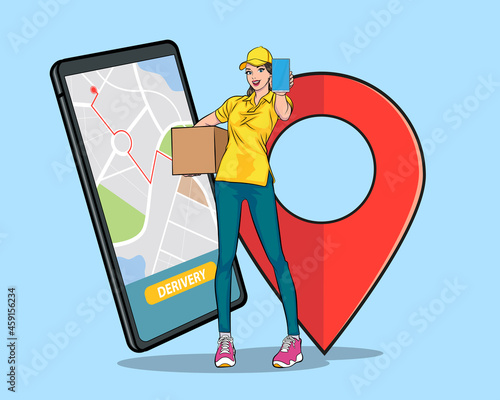 Delivery woman employee carrying big box show smartphone and navigator shopping online concept