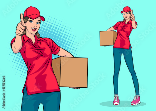 Delivery woman employee holding big box charactor