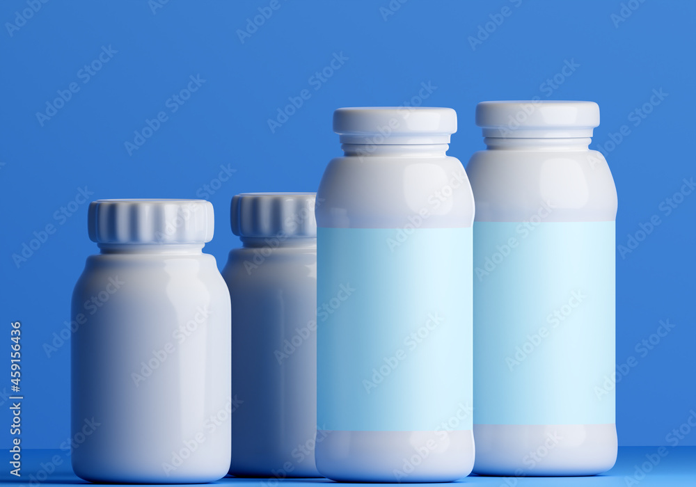 Several plastic bottles on table. Concept - containers for medicines. Set of bottles of different sizes. Ergonomic packaging for something. Bottles without label on blue background. 3d image Several plastic bottles on table. Concept - containers for medicines. Set of bottles of different sizes. Ergonomic packaging for something. Bottles without label on blue background. 3d image