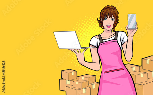 Young businesswoman take order online delivery concept