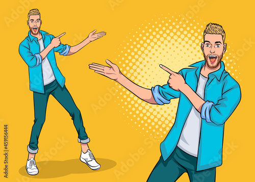 young man expressing amazement and shock while pointing to the side