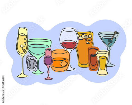 One line continuous line way champagne vermouth vodka liquor whiskey red wine beer rum tequila martini glass. Bar banner. Objects are arranged in a group. Hand drawn party drinks