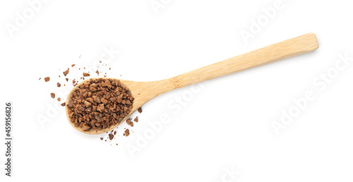 Spoon of chicory granules on white background, top view