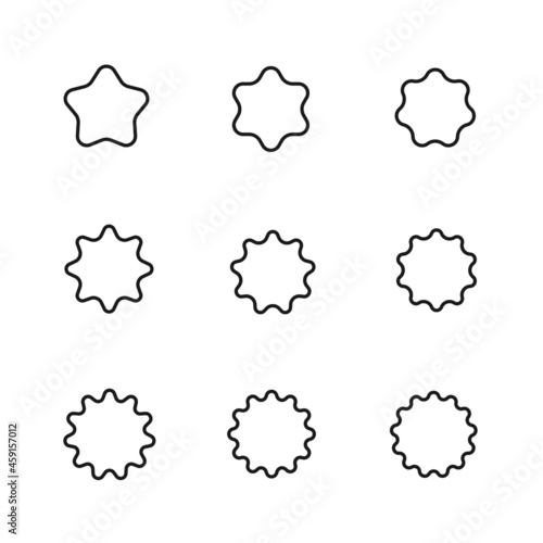 Retro set with set black starburst badges on white background for promo design. Illustration with set black starburst badges on black background. Special offer symbol. Discount tag badge shape. Simple