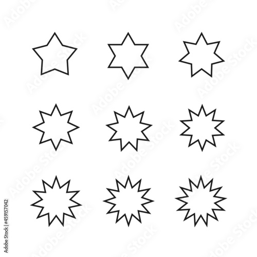 Retro set with set black starburst badges on white background for promo design. Illustration with set black starburst badges on black background. Special offer symbol. Discount tag badge shape. Simple
