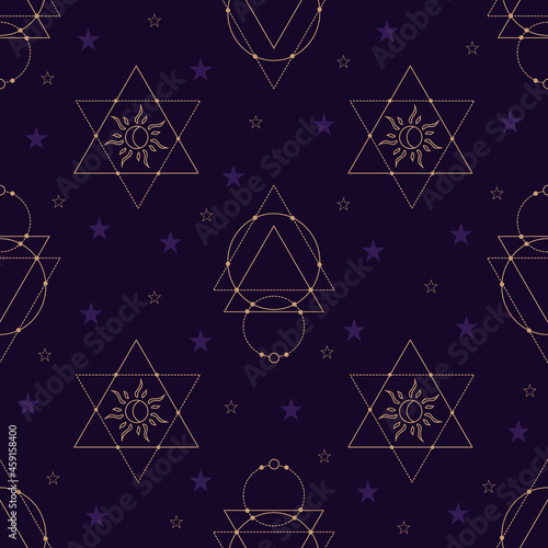 Vector seamless pattern with gold alchemy and mystic signs eye, triangles, arrows, moons, stars, astrology symbols hand drawn in lines.