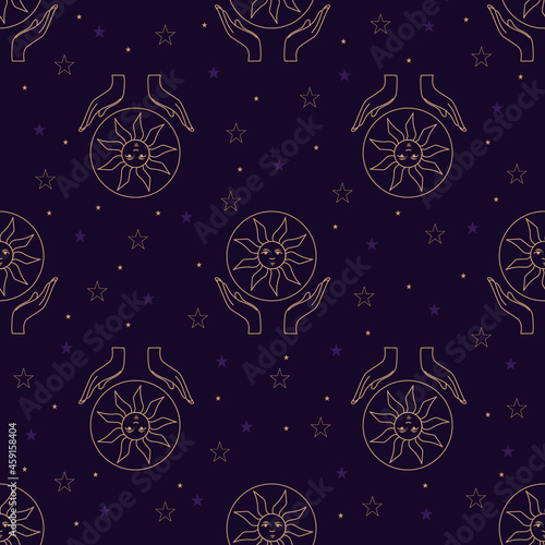 Vector seamless pattern with gold alchemy and mystic signs eye, triangles, palms, moons, stars, astrology symbols hand drawn in lines.