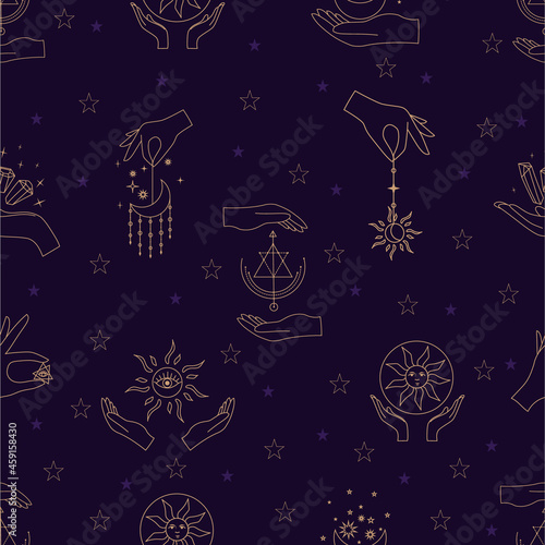 Vector seamless pattern with gold alchemy and mystic signs eye, triangles, palms, moons, stars, astrology symbols hand drawn in lines.