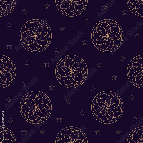 Vector seamless pattern with gold alchemy and mystic signs eye, triangles, arrows, moons, stars, astrology symbols hand drawn in lines.