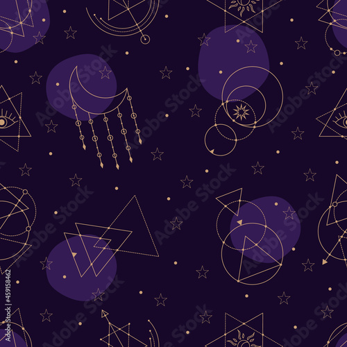 Vector seamless pattern with gold alchemy and mystic signs eye, triangles, arrows, moons, stars, astrology symbols hand drawn in lines.