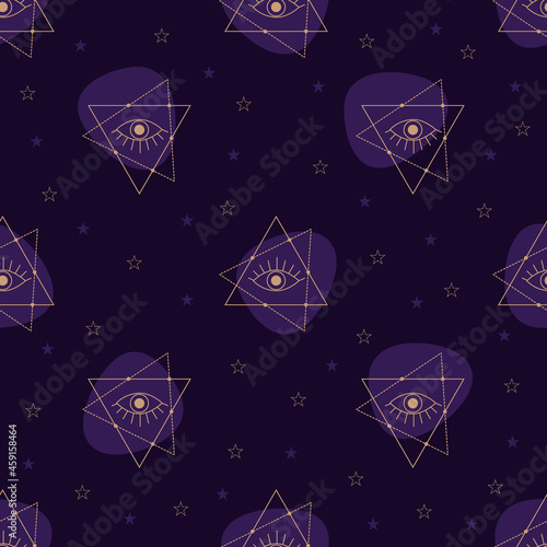 Vector seamless pattern with gold alchemy and mystic signs eye, triangles, arrows, moons, stars, astrology symbols hand drawn in lines.