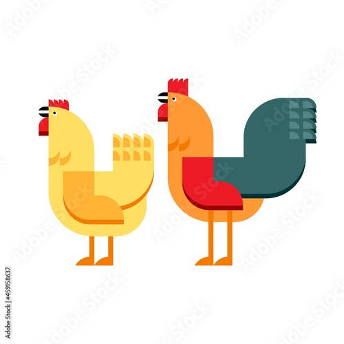 Cartoon rooster and chicken. Cute farm birds. Vector illustration