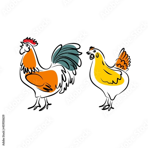 Hand-drawing rooster and chicken. Cute farm birds. Vector illustration