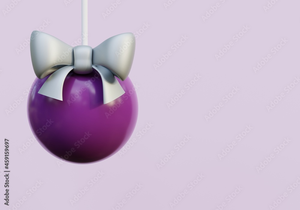 Glass realistic christmas ball with silver bow, 3d render