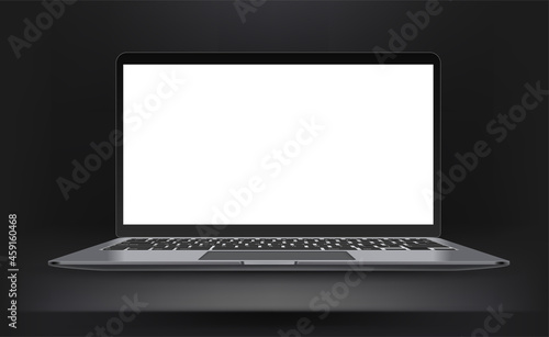 Dark interior with laptop with blank wide screen. Vector mockup