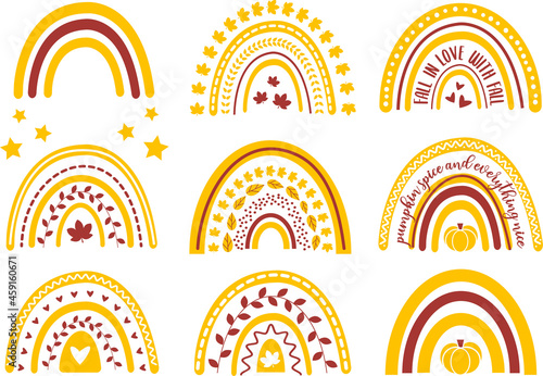 Fall rainbow Svg bundle. Autumn boho rainbow clipart. Vector illustration isolated on white background