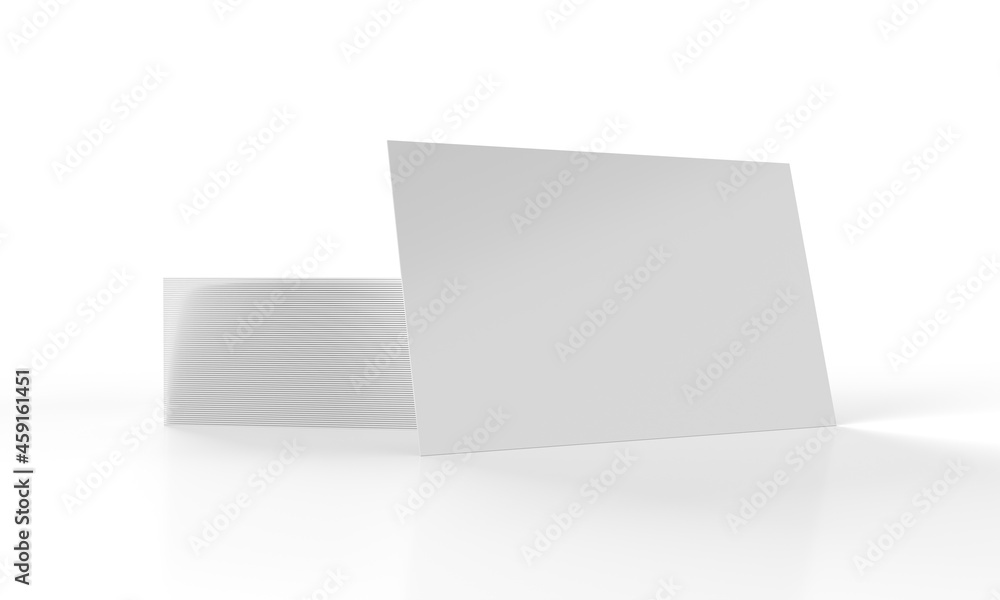 Fototapeta premium Business Card Stack closeup with front facing business card viewed head on and isolated on a white background for mockup and illustrations, 3D rendered illustration