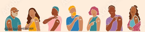Set of multiracial people after getting vaccine. Multicultural team.