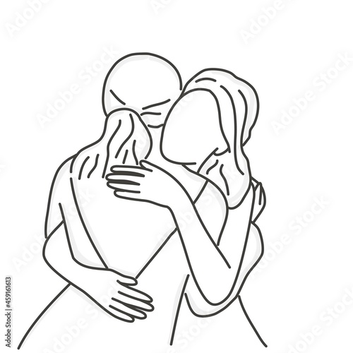 Two women in white dresses hug each other. LGBT wedding.