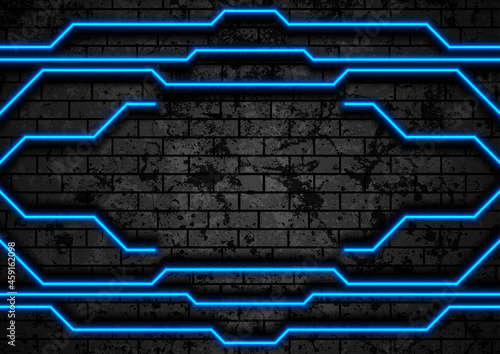 Blue neon technology lines on brick grunge wall. Abstract vector background