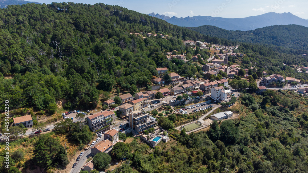Aerial view of the mountainous village of Zonza in the South of Corsica, France