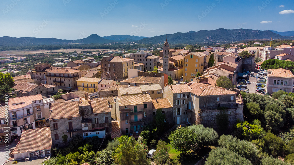 Aerial view of the citadel of Porto-Vecchio in the South of Corsica, France - Walled city center built by the Genoese in front of the Mediterranean Sea