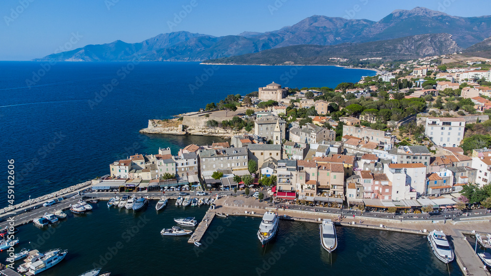 Naklejka premium Aerial view of Saint Florent, a coastal town on the Cap Corse in Upper Corsica, France