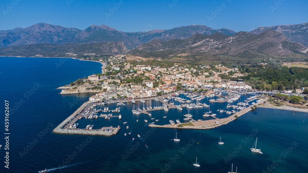 Aerial view of the port of Saint Florent, a coastal town on the Cap Corse in Upper Corsica, France