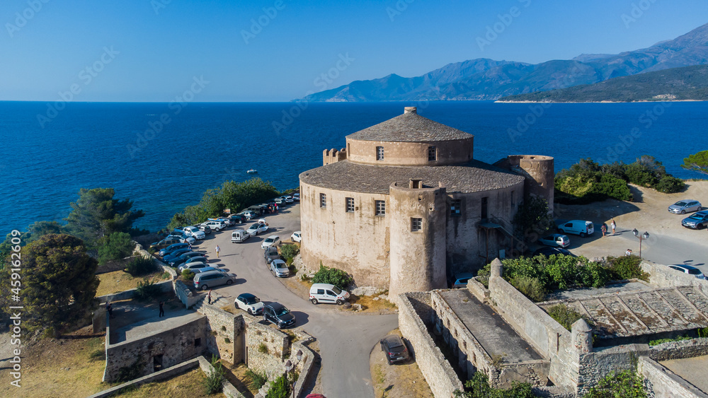 Aerial view of the Citadel of Saint Florent, a coastal town on the Cap Corse in Upper Corsica, France