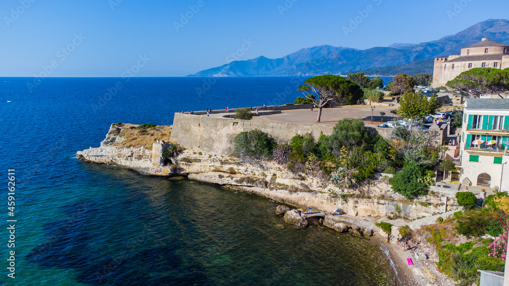 Aerial view of a pine tree on the ramparts of Saint Florent, a coastal town on the Cap Corse in Upper Corsica, France