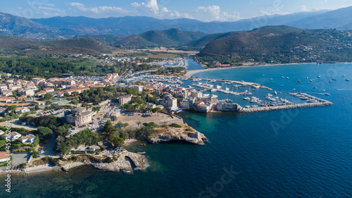 Aerial view of Saint Florent, a coastal town on the Cap Corse in Upper Corsica, France