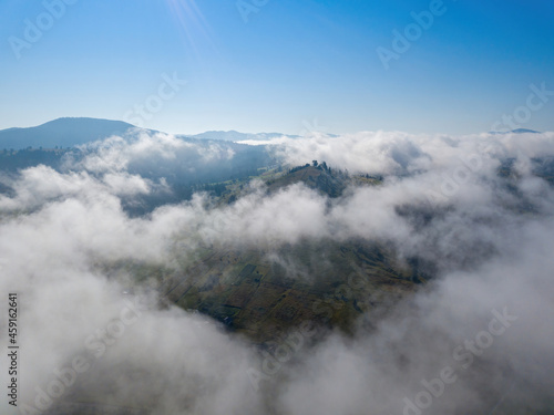 Fototapeta Naklejka Na Ścianę i Meble -  A thin morning fog covers the Ukrainian mountains. Green grass on the slopes of the mountains. A curly thin fog spreads over the mountains. Aerial drone view.