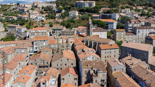 Aerial view of the medieval city of Sartène in the mountains of the South of Corsica, France - Regional capital, Sartène is mostly made of granite buildings