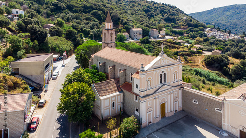 Aerial view of the Convent of Saints Cosimo and Damian of Sartène in the mountains of the South of Corsica, France - Regional capital, Sartène is mostly made of granite buildings