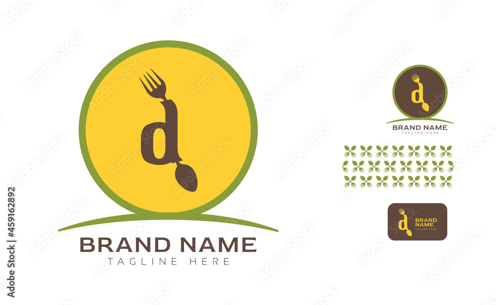 Creative bold letter D logo using Fork and Spoon for food business, hotel, restaurant, fast food, eats including pattern and logo variants for branding designs Creative bold letter D logo using Fork and Spoon for food business, hotel, restaurant, fast food, eats including pattern and logo variants for branding designs