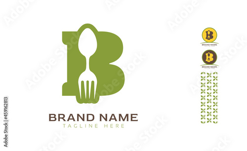 Creative bold letter B logo using Fork and Spoon for food business, hotel, restaurant, fast food, eats including pattern and logo variants for branding designs