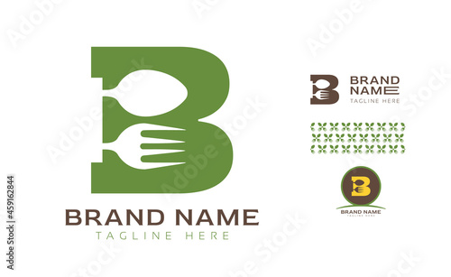 Creative bold letter B logo using Fork and Spoon for food business, hotel, restaurant, fast food, eats including pattern and logo variants for branding designs