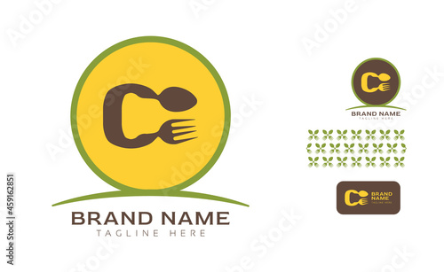 Creative bold letter C logo using Fork and Spoon for food business, hotel, restaurant, fast food, eats including pattern and logo variants for branding designs